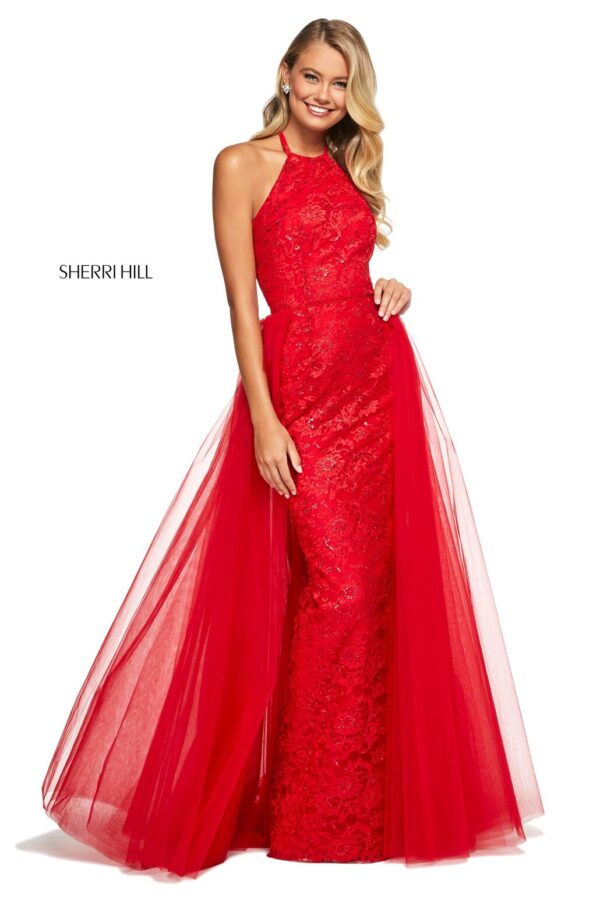 red lace prom dress with tulle overskirt