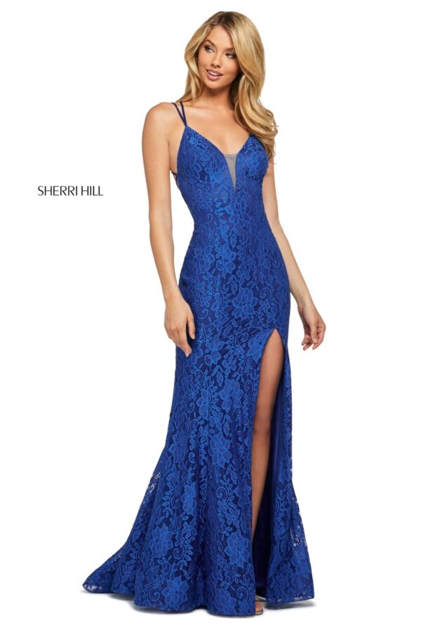 royal blue stretch lace prom dress with slit