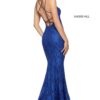 royal blue stretch lace prom dress with strappy beaded back