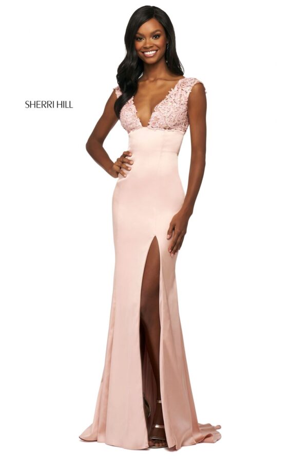 pink fitted sheath satin prom dress