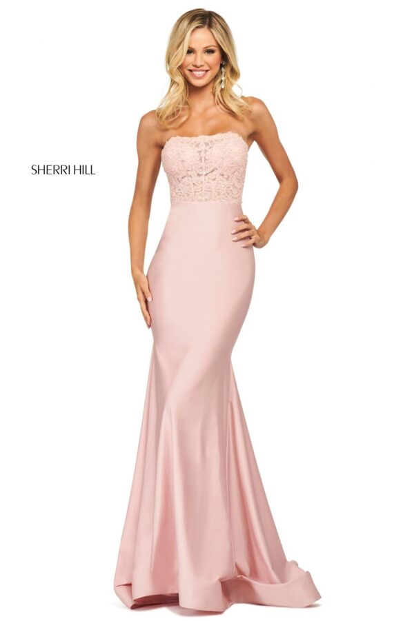 pink fitted strapless prom dress