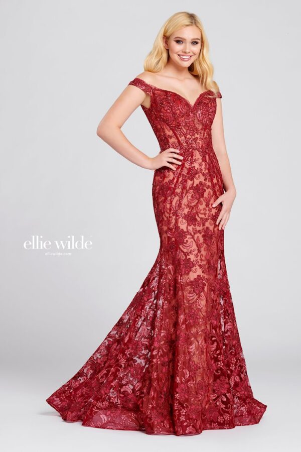 lace red off the shoulder prom dress