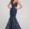 navy sequin prom dress with fit and flare skirt