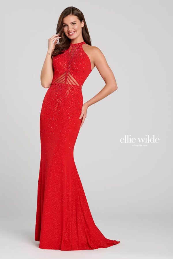 red halter prom dress with stone accents