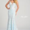 ice blue fit and flare lace prom dress